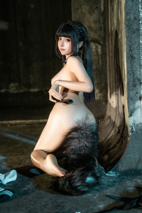 Gorgeous lovely oriental skank girl girl sports a hairy tail butt plug while posing solo #3443