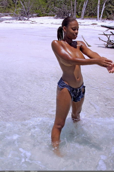 Ebony model Tierra poses naked and flaunts her huge shiny titties on the beach - #142215