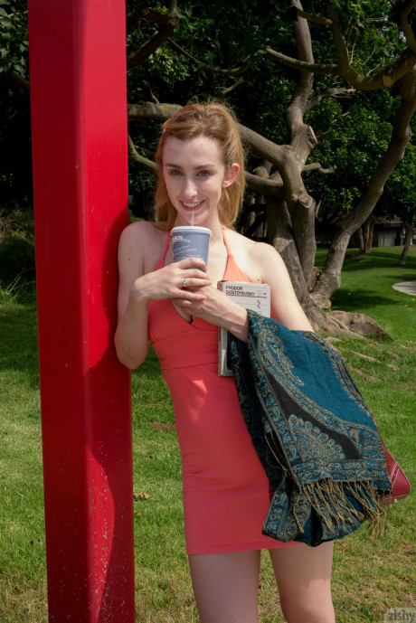 Slutty teenie in a skimpy red dress Phoebe Keller giving an upskirt in public - #2679