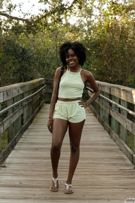 Skinny amateur ebony babe Lacole Sawyer strips & poses in her panties outside - #91725