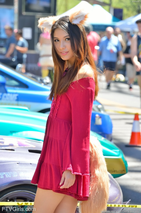 Glamour babe in a gorgeous dress Melody teasing with attractive upskirt in public - #60833