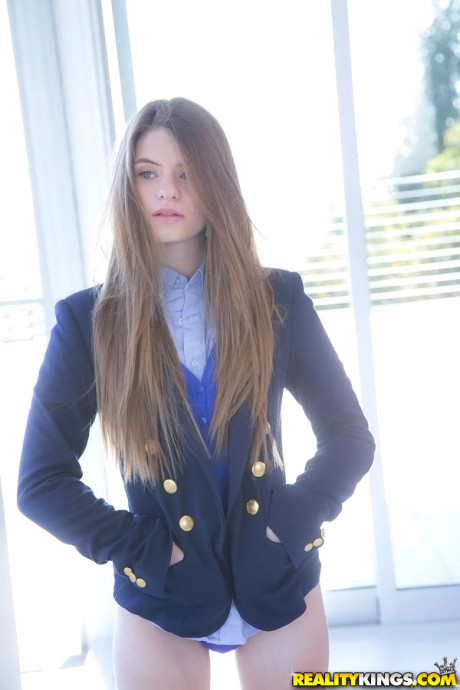 Long-haired teenage cutie Alice March gets rid of her uniform and panties - #266673