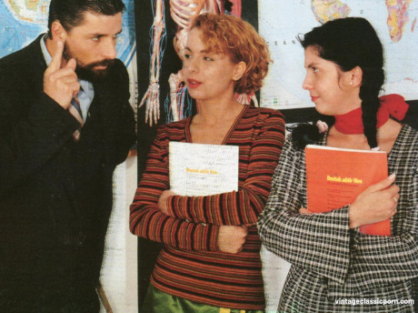 Kinky schoolgirls share a techer's massive schlong in class & take a facial - #254301