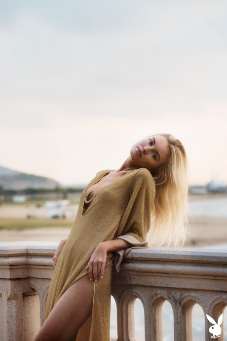 Yellow-haired babe with perfect breasts Alberte Valentine strips and poses outdoors - #165959