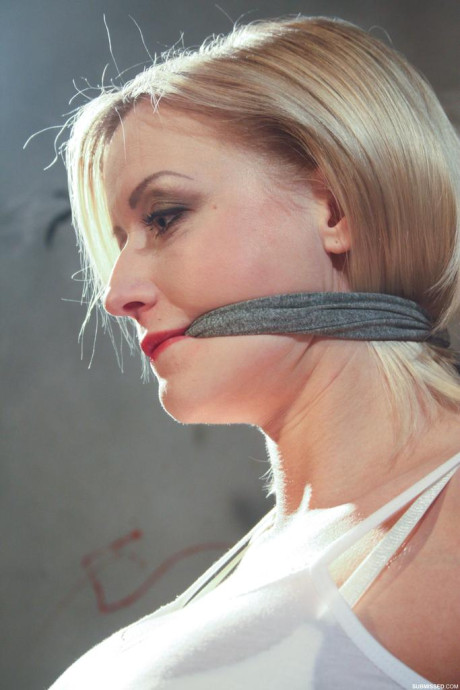 Tied and gagged female has her giant tits and erect nipples exposed for her - #64961