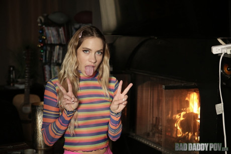 Yummy American young Khloe Kapri poses in pink panties by the fireplace - #68587