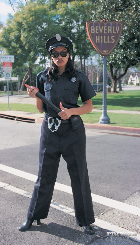 Ebony policewoman Cherry Lee masturbates at home before sex on a squad car - #168913