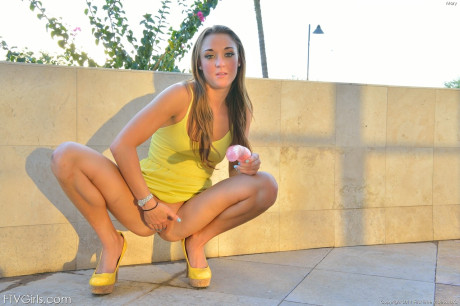 Glamorous blondie in a sweet dress Mary dildoing her horny twat in public - #267477