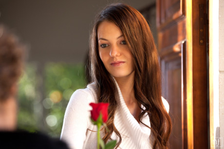 Gorgeous young young brunette Alexis Venton in mini dress & boots kissing boyfriend - #169676