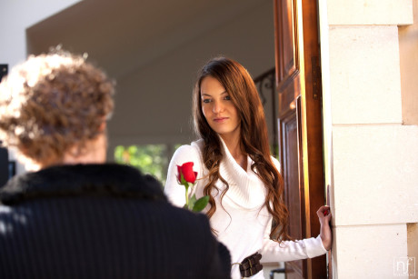 Gorgeous young young brunette Alexis Venton in mini dress & boots kissing boyfriend - #169678