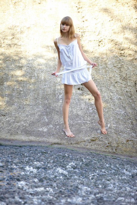 Adorable babe Veda A shows her awesome bush & her little butt outdoors - #253366