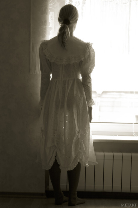 Pantyless babe shows her puffy nipples and cunt while posing by the window - #176177