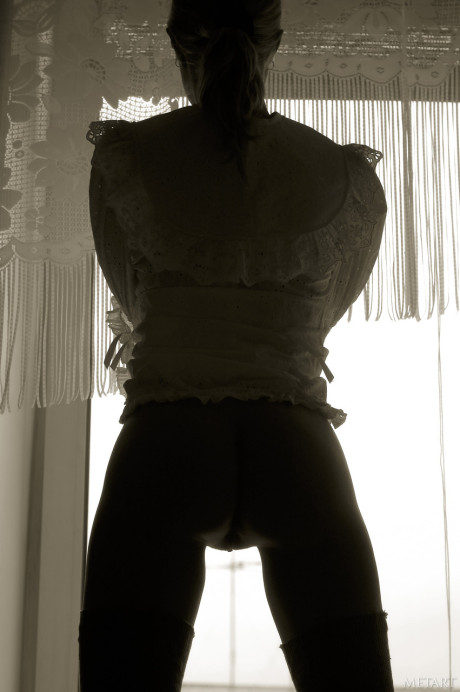 Pantyless babe shows her puffy nipples and cunt while posing by the window - #176178