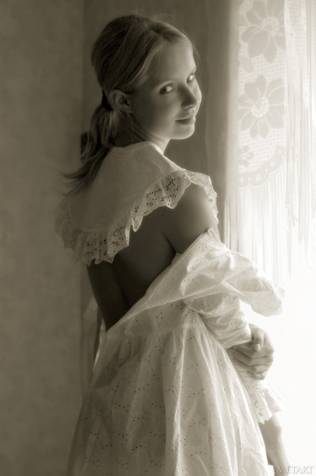 Pantyless babe shows her puffy nipples and cunt while posing by the window - #176180