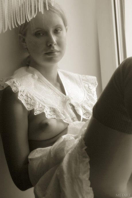 Pantyless babe shows her puffy nipples and cunt while posing by the window - #176187