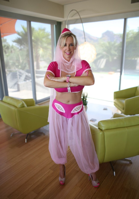 Pretty blondie housewife releases her hooters from Jeanie outfit - #68604