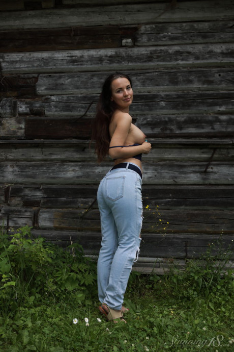 Old Annette Nicole V gets totally undressed in front of a rustic building - #75387