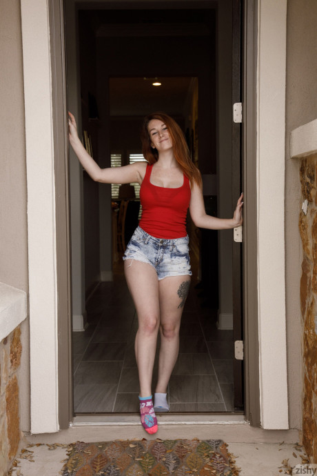 Natural redhead Ruby Corbett strips to her bra and panties at home #3712