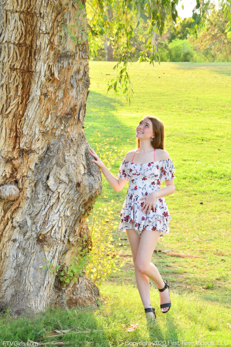 Glamorous teenie Myra peels off her gorgeous summer dress to pose naked outdoors - #31378