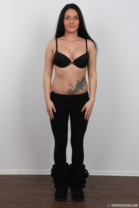 Black haired amateur Lucie shows her tattoo and boobs to land a porn gig - #75403