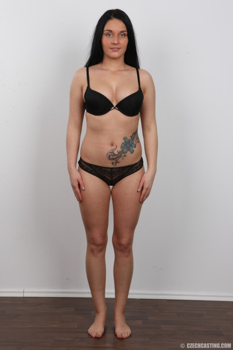 Black haired amateur Lucie shows her tattoo and boobs to land a porn gig - #75406