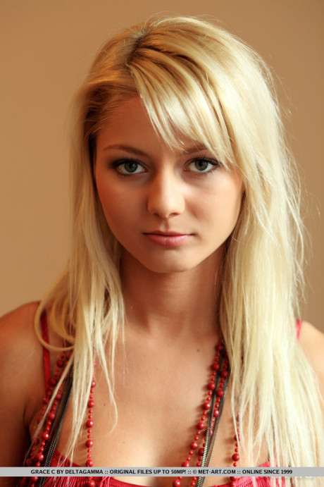 Stunning slim blonde with small tits Grace C reveals her shaved pussy - #64273