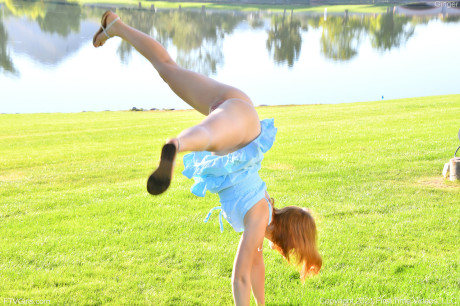 Glamour babe red hair toys her shaved pussy with a veggie and with her dildos - #195119