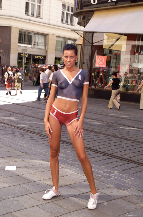 Young solo whore gf chick Madison models in public while wearing body paint only - #88200