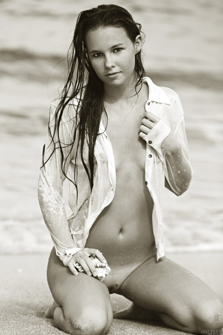 Teen Aria A poses nude on the sandy beach & shows her hot body with tan lines - #180676