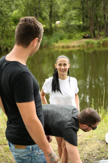 Brunette young girlfriend Nicole Love & her BF enjoying an outdoor 3some with a hunk - #94223