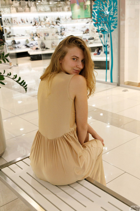 Ukrainian babe Regan Budimir flashes her enormous tit while posing at the mall - #267343