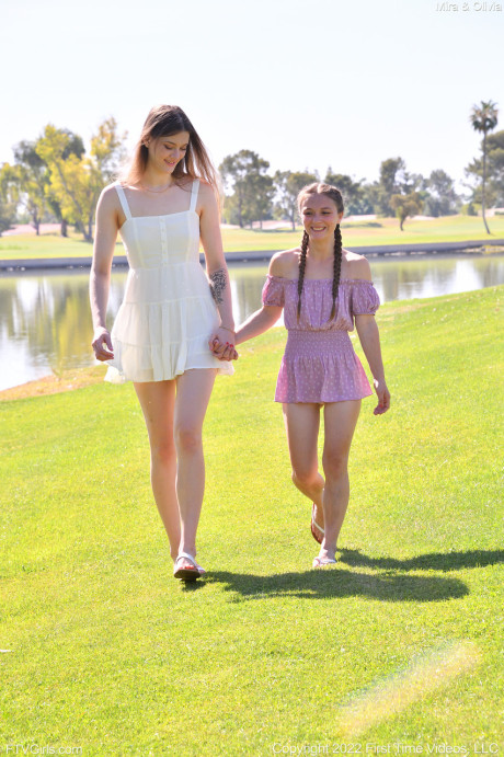 Horny babes Mira Monroe and Olivia Madison strip & pose naked outdoors - #141238