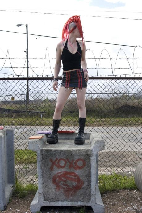 Punk slut GF lady with red hair poses naked in platform boots at industrial site #3516