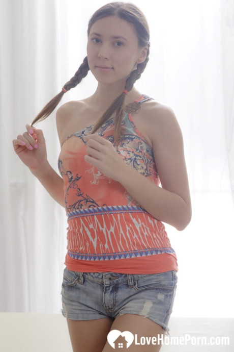 Amateur teen with pigtails gets an oily massage and a nice snatch rub - #176243