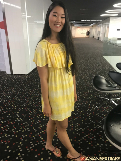 Oriental Fang B lifts up her yellow dress and moves her undergarment aside for POV sex - #167427