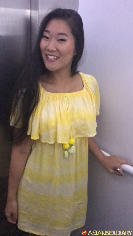 Oriental Fang B lifts up her yellow dress and moves her undergarment aside for POV sex - #167428