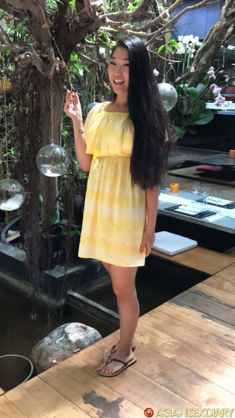 Oriental Fang B lifts up her yellow dress and moves her undergarment aside for POV sex #9175