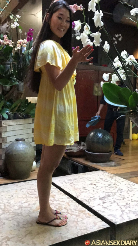 Oriental Fang B lifts up her yellow dress and moves her undergarment aside for POV sex - #167430