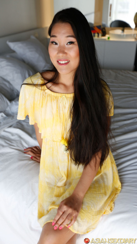 Oriental Fang B lifts up her yellow dress and moves her undergarment aside for POV sex - #167431
