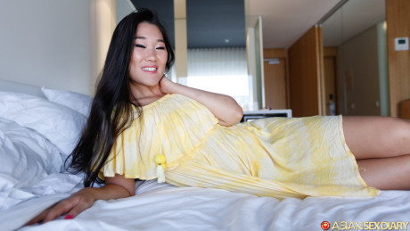 Oriental Fang B lifts up her yellow dress and moves her undergarment aside for POV sex - #167432