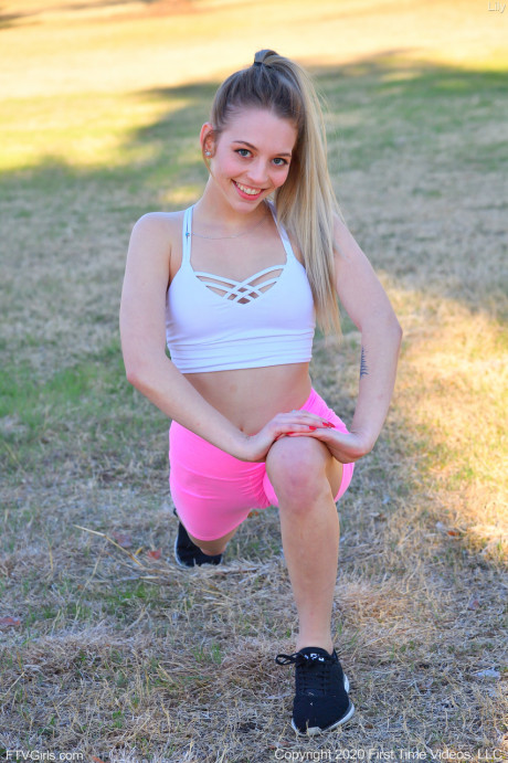Adorable teenie Lily reveals her slim body outdoors and toys herself indoors - #67142