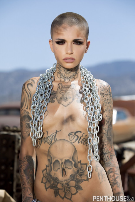 Bald inked babe Leigh Raven flaunts her small boobs and poses naked outdoors - #257910