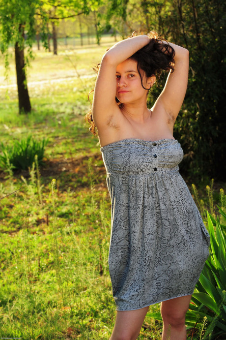 Curvy amateur young Mia unveils her huge melons and rubs her bush in nature - #171086