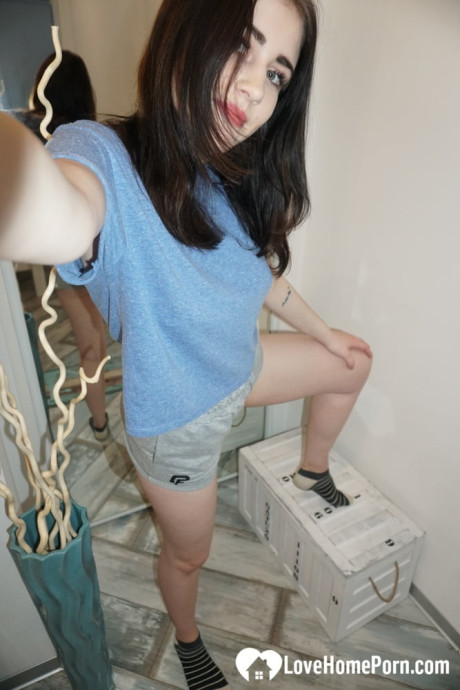 Dark-haired hottie posing booty undressed and in her pretty undergarment in a solo - #194858