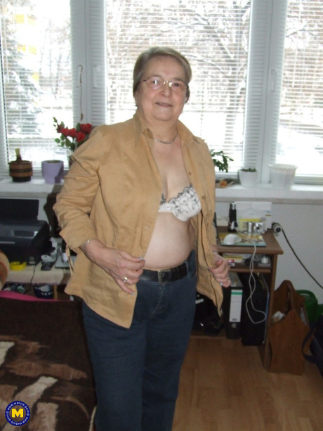 Fat European granny Sybille stripping off her clothes and skin tone tights - #231697