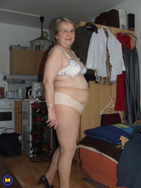 Fat European granny Sybille stripping off her clothes and skin tone tights - #231699