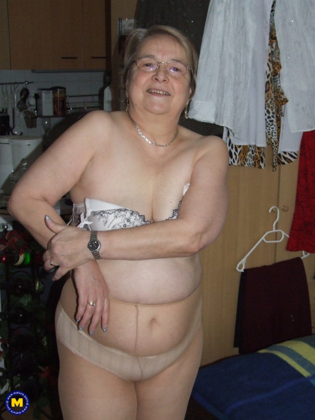 Fat European granny Sybille stripping off her clothes and skin tone tights - #231700