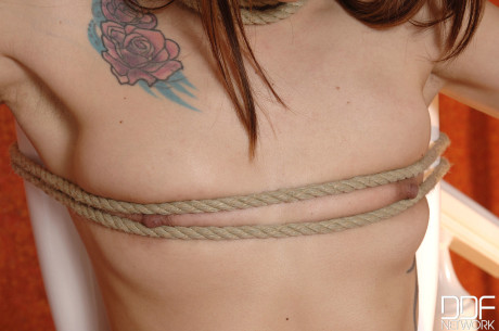 Small titted brunette Leyla ebony puts clips on her bushy twat while tied up - #98023