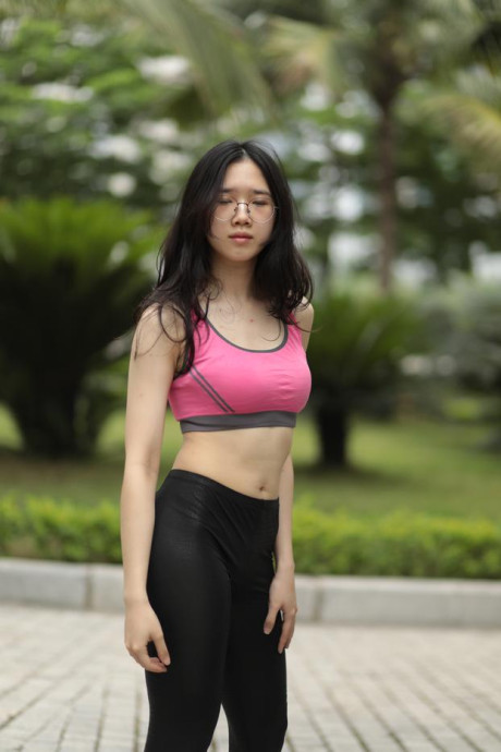 Fit oriental model with glasses exposing her great body in her sportswear - #174865