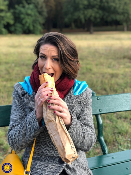 French mom Anya flashes her legs in nylons while eating a sandwich outside - #129525